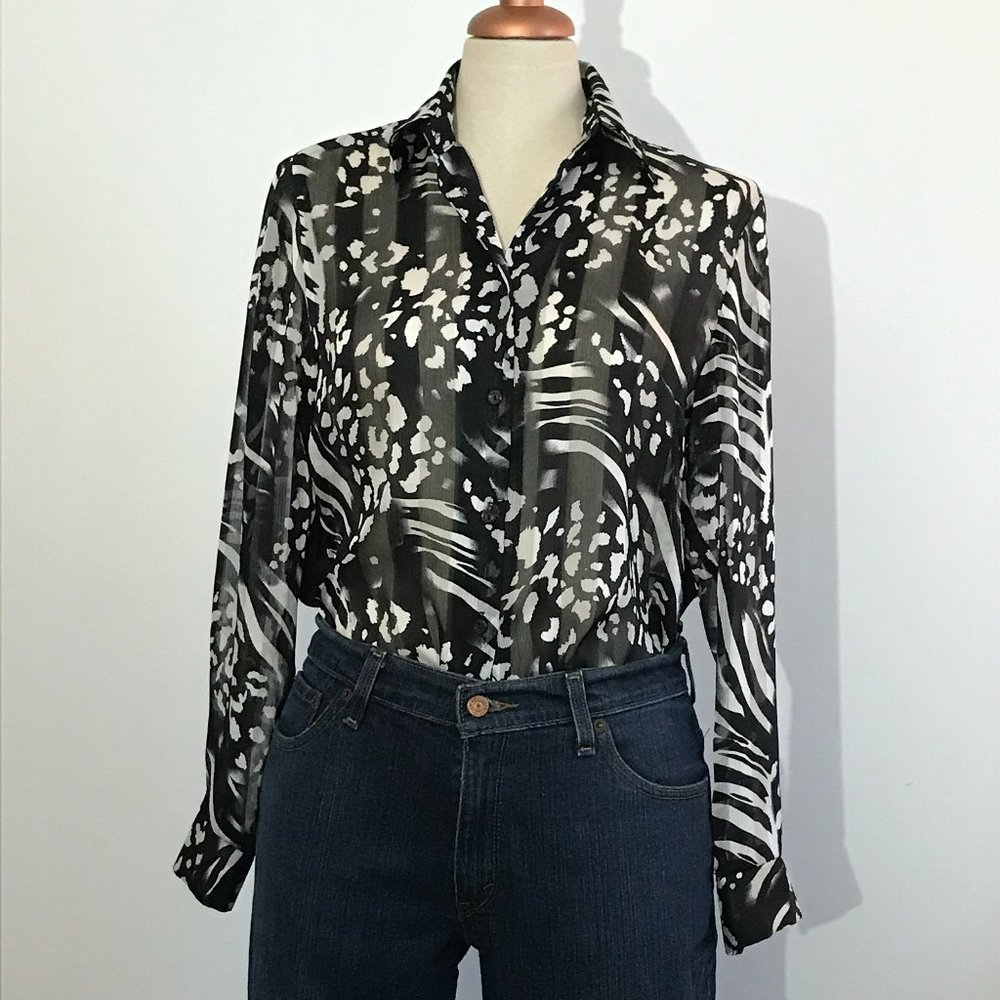 Massy - Black & White Sheer Animal Print Button Down Shirt